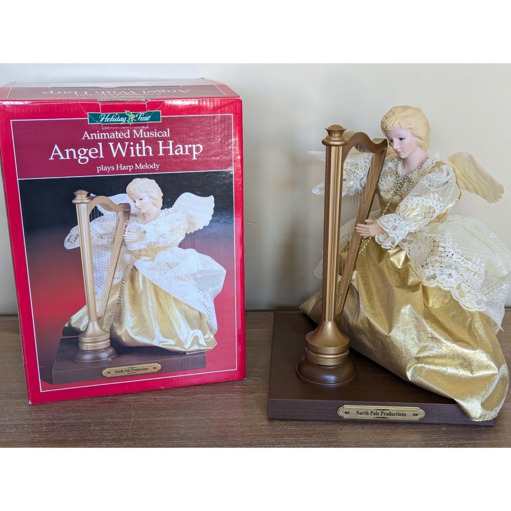 Vintage Holiday Time Angel w/Harp Christmas Animated Musical 12.5" (See VIDEO)